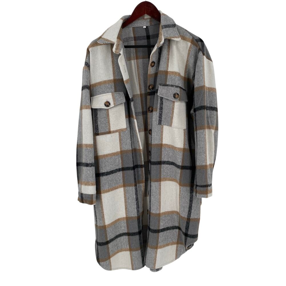 Tan plaid long Shacket shirt coat with pockets size large womens